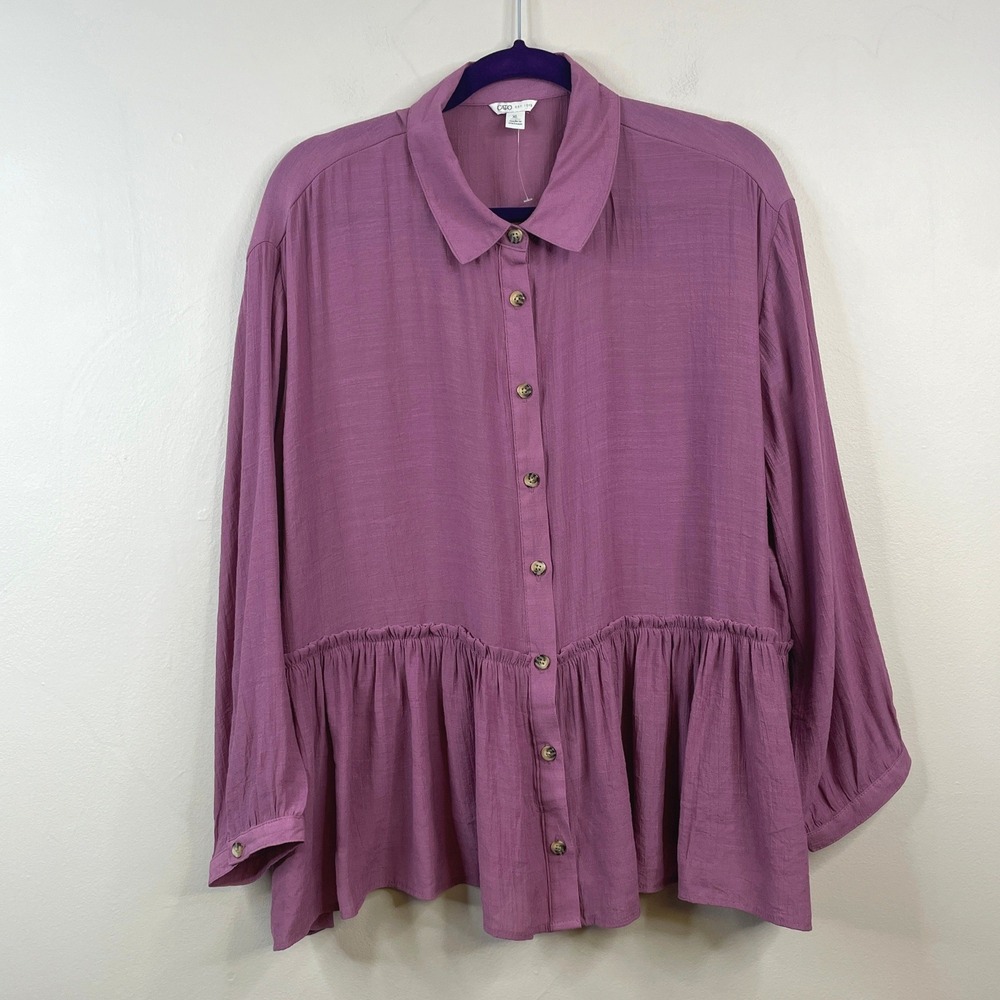 Vintage Lagenlook Ruffle Tunic Top Womens XLarge Mauve Button Up Flowy Swing